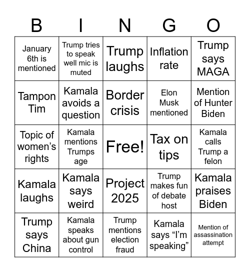 Presidential Debate Bingo Card