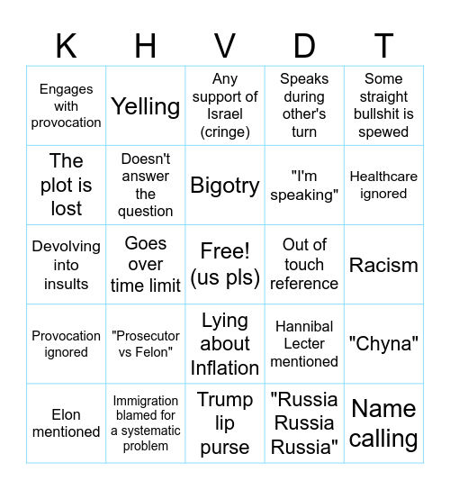 Harris v Trump Debate Bingo 2024 Bingo Card
