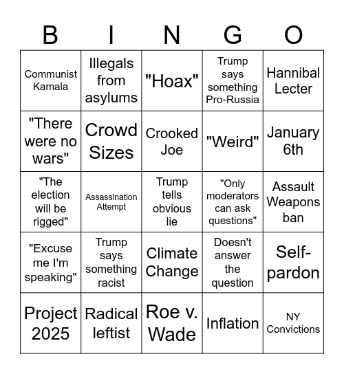 2024.09.10 Presidential Debate Bingo Card