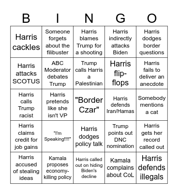 September 2024 Debate Bingo Card