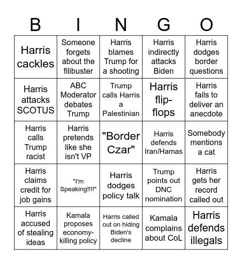 September 2024 Debate Bingo Card