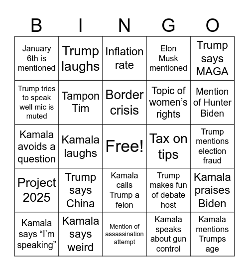 Presidential Debate Bingo Card