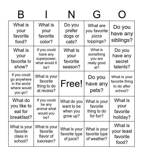 All about me! Bingo Card