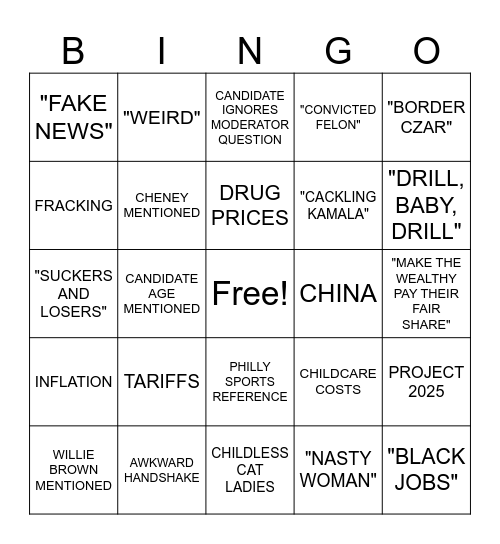 Harris-Trump Debate Bingo Card