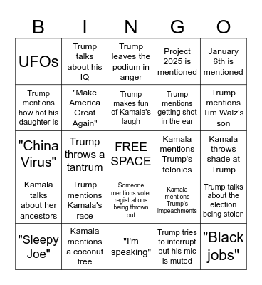 Presidential Debate Bingo Card