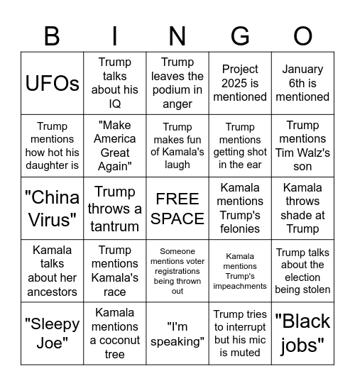 Presidential Debate Bingo Card