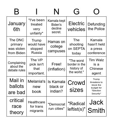 2024 Presidental Debate Bingo Card