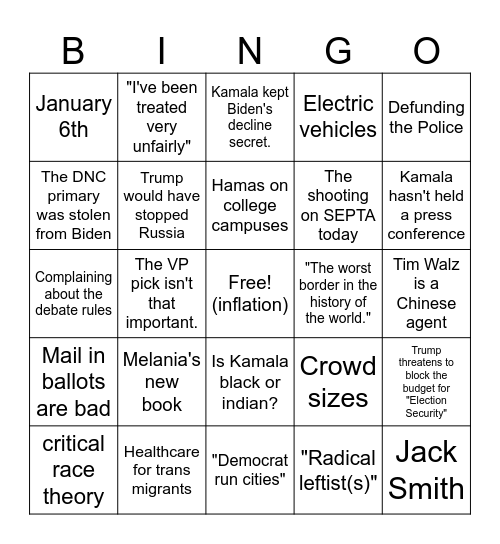 2024 Presidental Debate Bingo Card