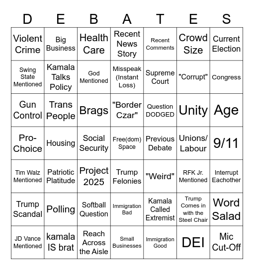 Presidential Debate Bingo Card