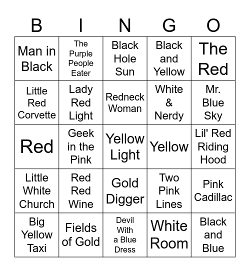 Songs with Colors in the Title Bingo Card