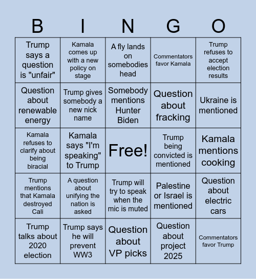 Kamala vs Trump Debate 9/2024 Bingo Card