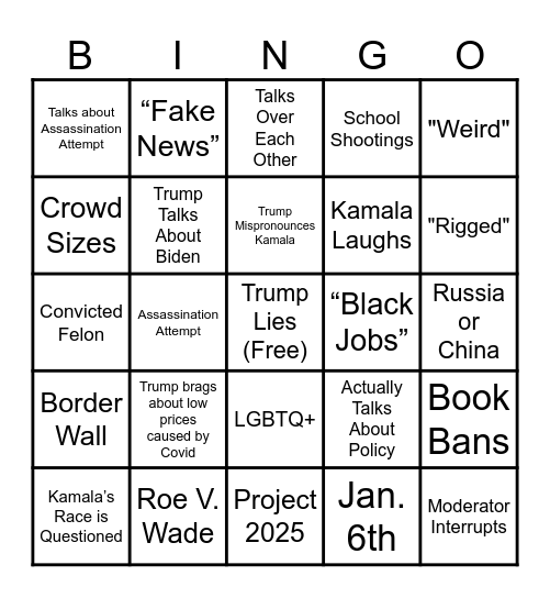 Presidential Debate 2024 Bingo Card