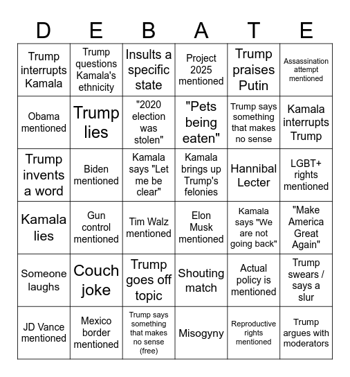 Debate Bingo Card