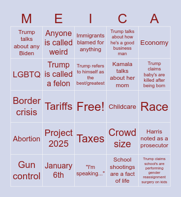 Harris Vs. Trunp Bingo Card