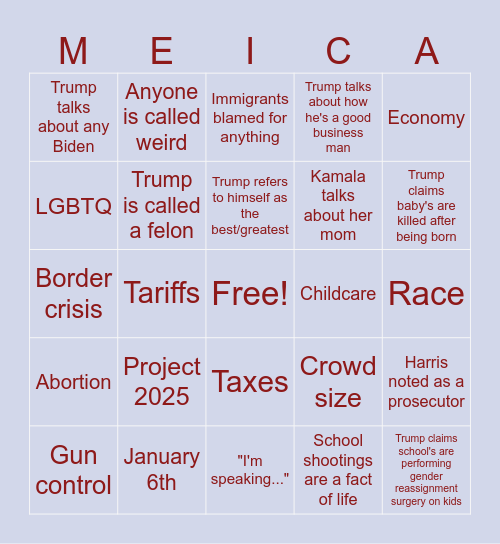 Harris Vs. Trunp Bingo Card