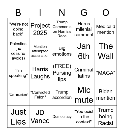 THE 2024 DEBATE Bingo Card