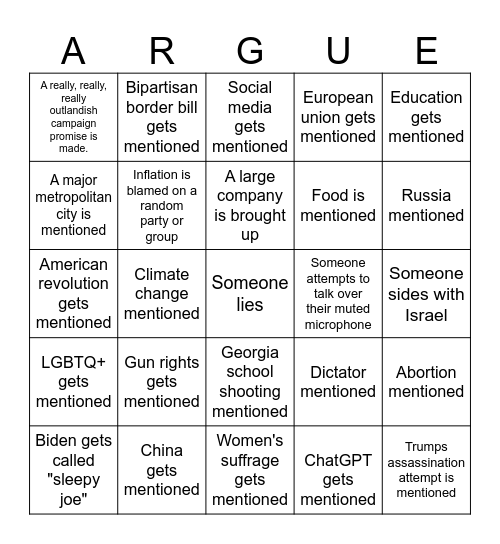 2024 Debate BINGO Card