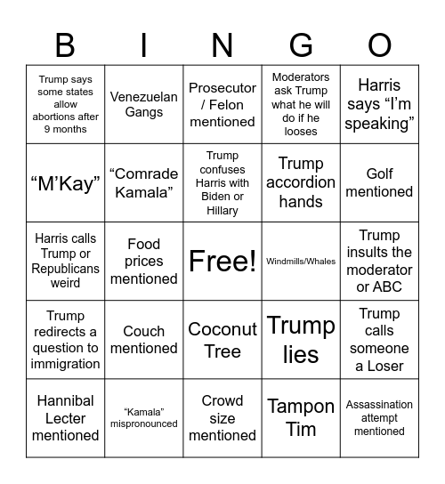 Debate Bingo Card