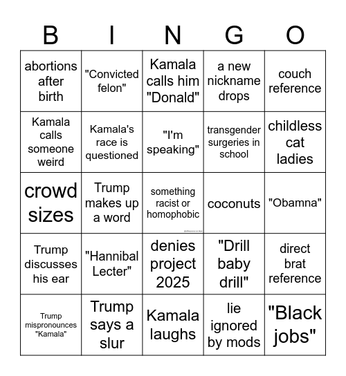 2024 Presidential Debate Bingo Card