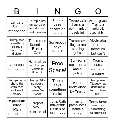 Presidential Debate 2024 Bingo Card