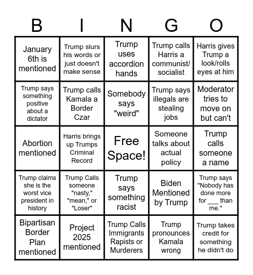 Presidential Debate 2024 Bingo Card