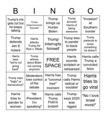 2024 Harris v. Trump Debate Bingo Card