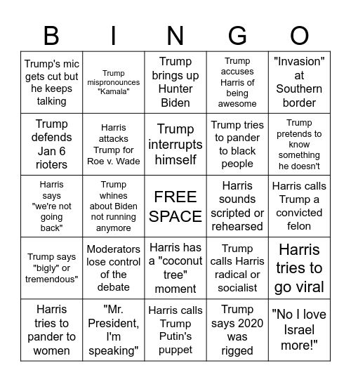 2024 Harris v. Trump Debate Bingo Card