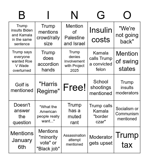 Pres Debate Bingo Card