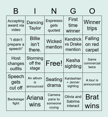 VMA Bingo 2024 Bingo Card