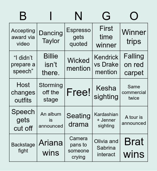 VMA Bingo 2024 Bingo Card