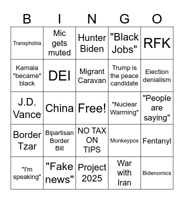 Presidential Debate Bingo Card