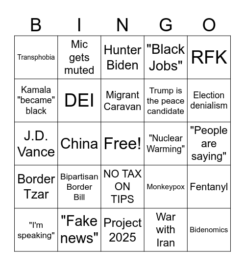 Presidential Debate Bingo Card