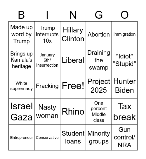 Presidential 2024 Debate Bingo Card