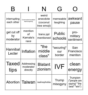 Debate Bingo Card