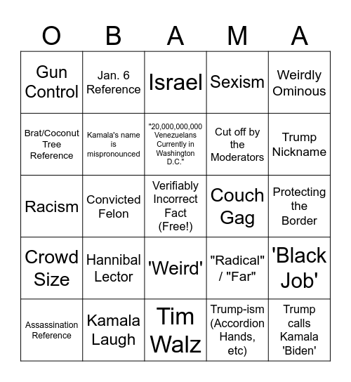 Debate Night Bingo Card