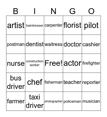 Jobs/Occupations Bingo Card