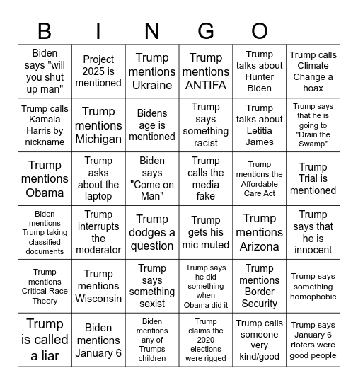 2024 Presidential Debate Bingo Card