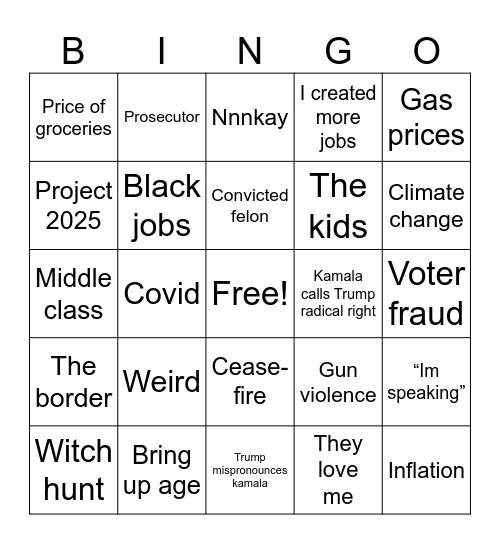 2024 Presidential Debate Bingo Card