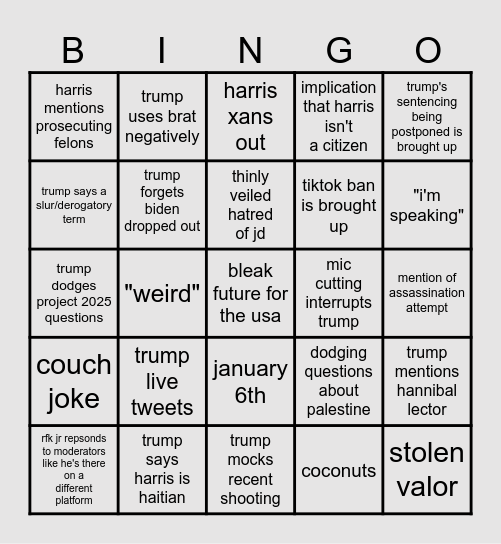 presidential debate bingo Card