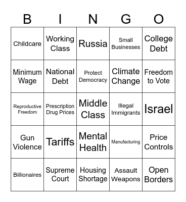 Harris Trump Debate Bingo Card