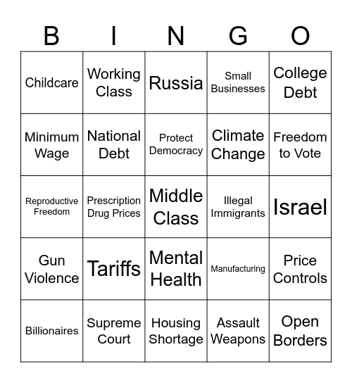 Harris Trump Debate Bingo Card