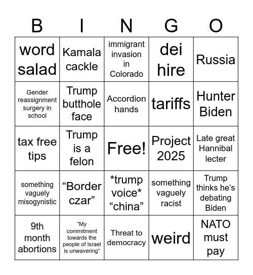 2024 debate Bingo Card