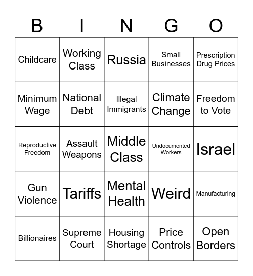 Harris Trump Debate Bingo Card