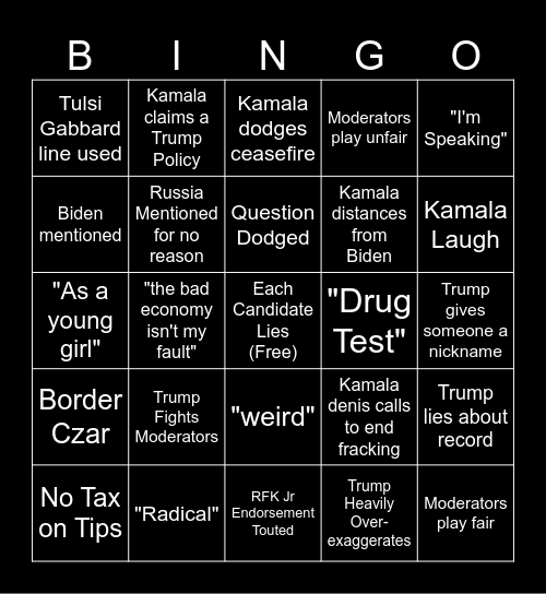 Debate Night Predictions Bingo Card