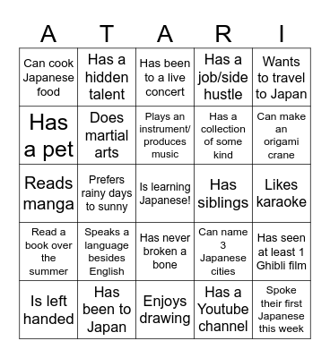 Human Bingo J1 Bingo Card