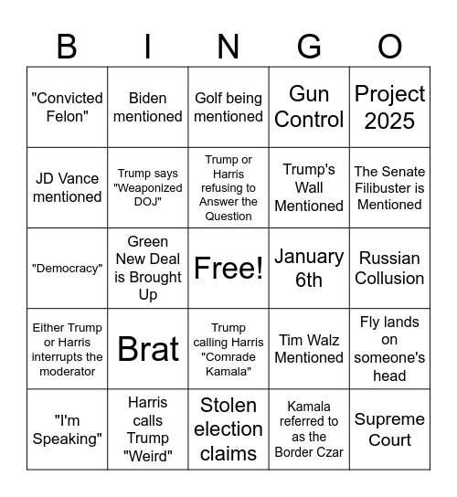 2024 September 10th Presidential Debate Bingo Card