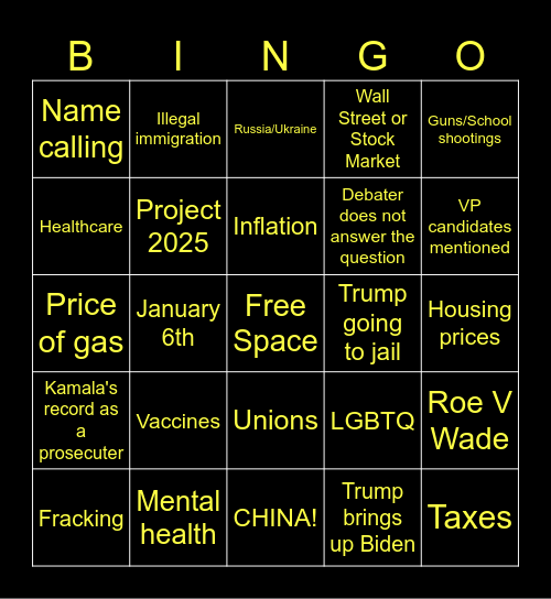 Presidential Debate Bingo Card