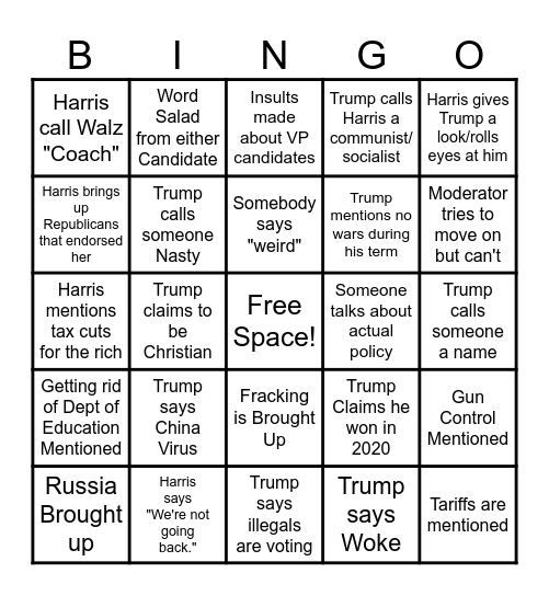 Presidential Debate 2024 Bingo Card