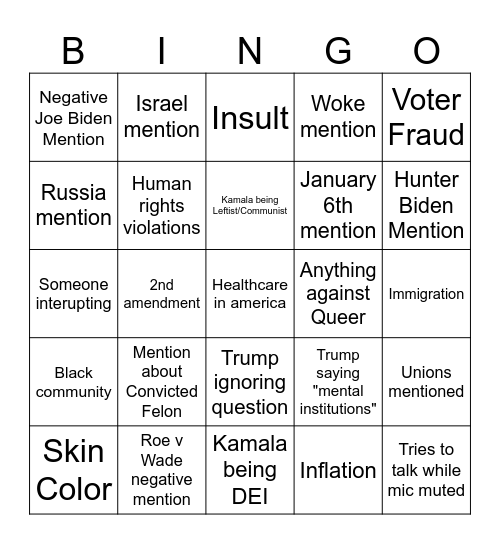 Kamala VS Trump Debate Bullshit Bingo Card