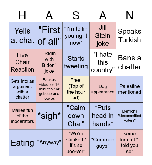 Hasan 2024 Debate Bingo Card